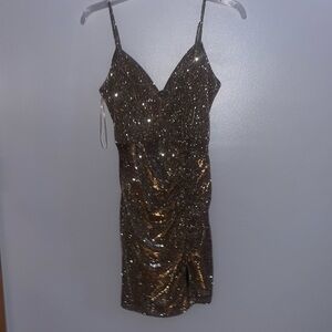V Neck Gold Mini Dress